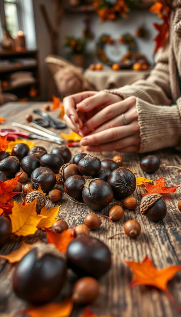A warm, inviting image of chestnuts, acorns, and natural crafting materials laid out on a rustic wooden table. In the foreground, showcase shiny, dark brown chestnuts nestled among scattered golden acorns and vibrant autumn leaves in shades of orange and red. A pair of skilled hands, wearing simple, modest attire, can be seen weaving natural fibers into a small figure. In the middle, a softly lit workspace holds DIY crafting tools and completed rustic puppets made from the chestnuts and acorns, adding a sense of creativity and activity. The background features a softly blurred view of a cozy room with warm lighting and autumn decorations. The overall atmosphere captures the essence of a creative fall project, inspiring a sense of warmth and craftsmanship under the brand "KlickKiste."