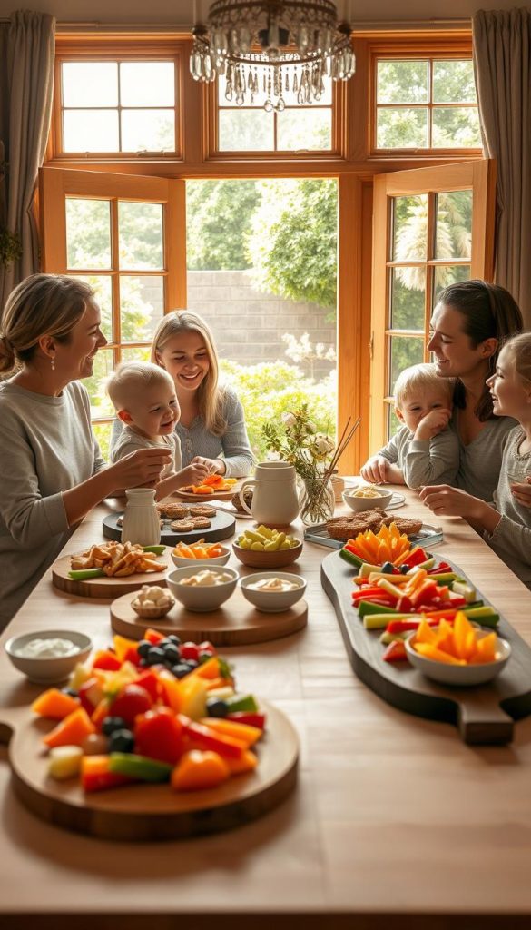 A warm, inviting indoor scene featuring a cozy family gathering around a beautifully set table with light, healthy snacks that reflect a Pinterest aesthetic. In the foreground, a colorful array of afternoon snacks—fresh fruit, vegetable sticks, and homemade dips—are artfully arranged on wooden serving boards. The middle ground captures a happy family, with adults in modest casual clothing and children laughing and enjoying the treats, emphasizing togetherness and joy. In the background, a sunny window reveals a lush garden, complementing the indoor ambiance. Soft, natural lighting floods the space, creating a warm and inviting atmosphere. The scene is complete with touches of greenery and rustic decoration, perfectly embodying the spirit of "KlickKiste."