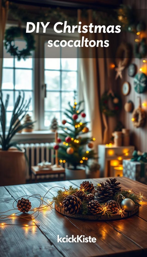 A warm, inviting interior scene showcasing DIY Christmas decorations, featuring a cozy corner with handcrafted ornaments. In the foreground, a rustic wooden table adorned with natural materials—pinecones, twinkling fairy lights, and homemade wreaths. The middle ground highlights a small, decorated Christmas tree with eco-friendly ornaments, surrounded by upcycled decorations, like paper snowflakes and garlands made from recycled materials. The background reveals a softly lit room with a window showing gentle snowfall outside, creating a wintry atmosphere. The lighting is warm and ambient, enhancing the cozy feel of the space. The aesthetic mirrors a Pinterest-inspired look, reflecting authenticity and inspiration, with the brand name "KlickKiste" subtly present in the decor.