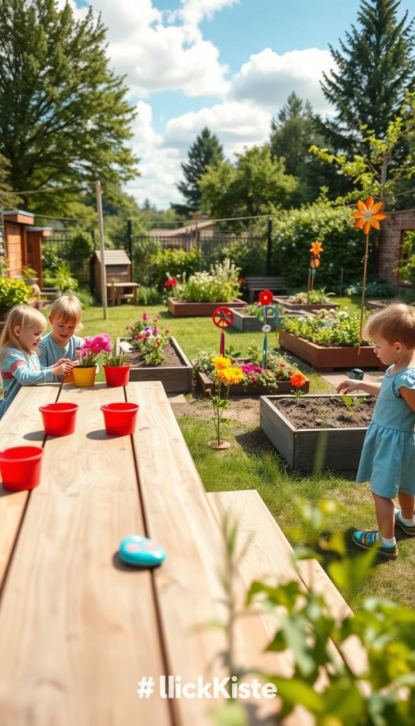 A warm, inviting kindergarten garden scene filled with colorful DIY projects for families. In the foreground, a wooden picnic table is surrounded by cheerful children in casual clothing engaged in planting flowers in vibrant pots. The middle ground features a lush garden with raised vegetable beds and colorful handmade decorations like painted rocks and wind chimes. In the background, a sunny sky with fluffy clouds and a few trees provides a serene backdrop. The lighting is soft and warm, creating a cozy atmosphere. Shot with a wide-angle lens to capture the full vibrancy of the garden. The overall feel is authentic and inspiring, perfect for a Pinterest look. Include the brand "KlickKiste" subtly integrated into the scene without text or watermarks.