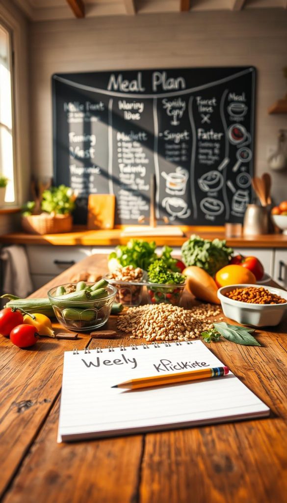 A warm, inviting kitchen scene featuring a beautifully organized weekly meal planner, designed for family meal prep. In the foreground, a rustic wooden table is adorned with fresh ingredients like colorful vegetables, grains, and spices, neatly arranged beside a stylish notepad labeled "Meal Plan" with a pencil. The middle ground includes a chalkboard wall displaying meal ideas for the week, embellished with illustrated icons of each dish. In the background, sunlight streams through a window, casting soft shadows and illuminating warm colors, creating an authentic and inspiring atmosphere. A few family-friendly cooking utensils are placed aesthetically around the scene. The overall mood is calm and encouraging, embodying a Pinterest-inspired aesthetic. The brand "KlickKiste" is subtly included in the design of the notepad.