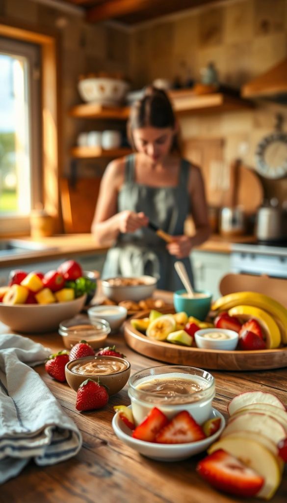 A warm, inviting kitchen scene showcasing a child-friendly snack display, focusing on vibrant, healthy snacks artfully arranged on a rustic wooden table. In the foreground, include colorful, bite-sized fruits like strawberries, bananas, and apple slices, alongside small portions of nut butter and yogurt for dipping. Surround these snacks with engaging textures, like a soft fabric napkin and playful utensils. The middle ground features a playful, softly blurred human figure, a caregiver in modest casual clothing, attentively preparing the snacks, ensuring safety and appropriateness for children. In the background, natural light filters through a window, casting a gentle glow over the scene, enhancing the warm colors. This authentic, Pinterest-inspired image should effectively embody the concept of “serving snacks in a way that is child-friendly,” reflecting the brand KlickKiste. A warm, inviting kitchen scene showcasing a child-friendly snack display, focusing on vibrant, healthy snacks artfully arranged on a rustic wooden table. In the foreground, include colorful, bite-sized fruits like strawberries, bananas, and apple slices, alongside small portions of nut butter and yogurt for dipping. Surround these snacks with engaging textures, like a soft fabric napkin and playful utensils. The middle ground features a playful, softly blurred human figure, a caregiver in modest casual clothing, attentively preparing the snacks, ensuring safety and appropriateness for children. In the background, natural light filters through a window, casting a gentle glow over the scene, enhancing the warm colors. This authentic, Pinterest-inspired image should effectively embody the concept of “serving snacks in a way that is child-friendly,” reflecting the brand KlickKiste.