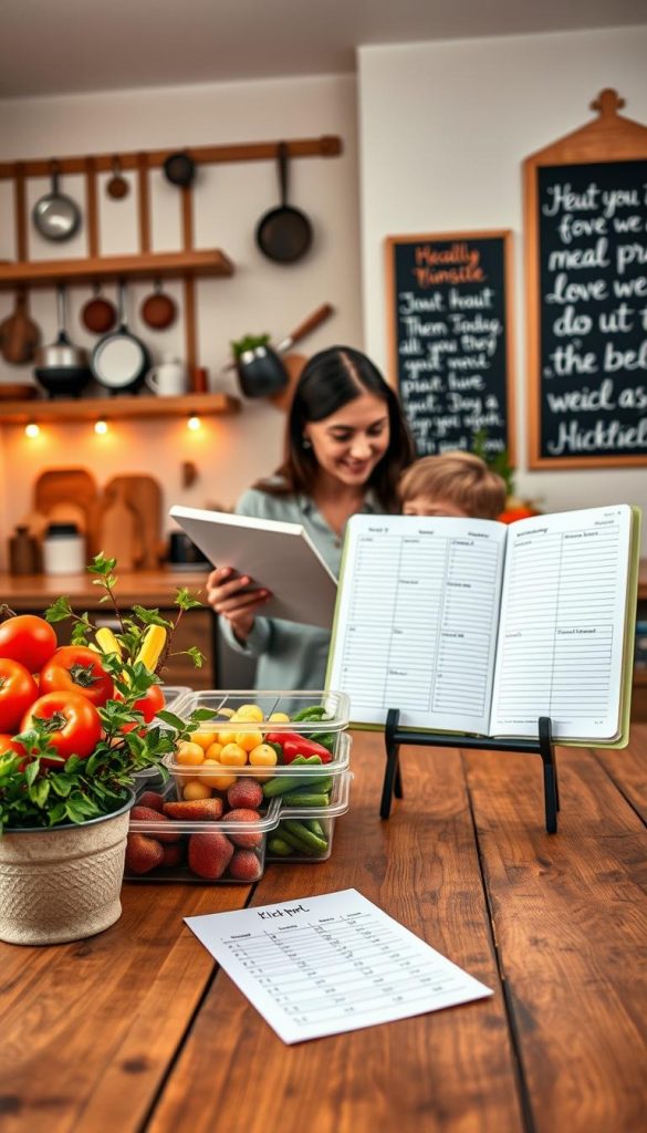 A warm, inviting kitchen scene showcasing meal planning essentials for a household. In the foreground, a rustic wooden table holds colorful meal prep containers, fresh vegetables, and a weekly planner with handwritten notes. A potted herb plant adds a touch of greenery. In the middle, a mother in modest casual clothing reviews meal ideas with her child, both looking engaged and inspired. The background features a cozy kitchen with warm lighting, hanging cookware, and a chalkboard with inspirational quotes about meal planning. The overall atmosphere is productive yet relaxed, embodying a Pinterest aesthetic. Include subtle branding elements of "KlickKiste" incorporated into the background decor, enhancing the homely feel.