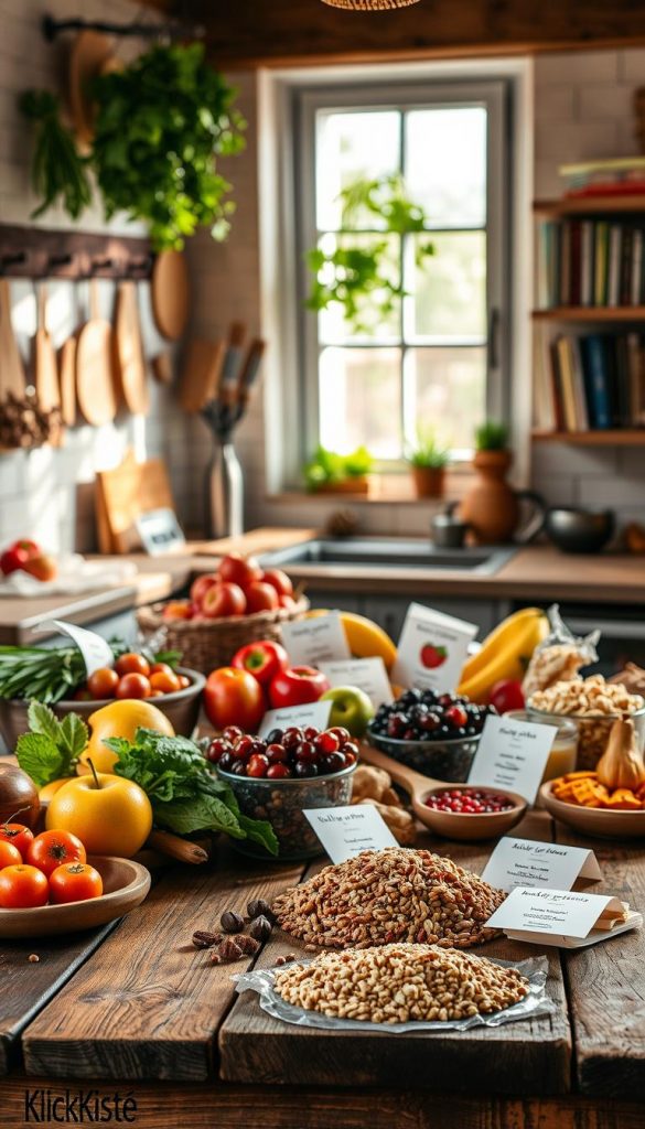 A warm, inviting kitchen scene showcasing various dietary foods representing different dietary preferences and allergies. In the foreground, a rustic wooden table adorned with colorful fruits, gluten-free grains, whole foods, and allergy-free snacks, beautifully arranged to entice the viewer. The middle layer features a subtle display of recipe cards, emphasizing healthy ingredients and meal preparation, hinting at the concept of family cooking. In the background, soft natural light streams through a window, illuminating hanging herbs and a shelf stocked with cookbooks, creating a homey atmosphere. The image embodies authenticity and inspiration, aglow with rich, warm colors that evoke a sense of community and healthy living. Integrate the brand name "KlickKiste" subtly into the scene, ensuring a Pinterest-worthy aesthetic. A warm, inviting kitchen scene showcasing various dietary foods representing different dietary preferences and allergies. In the foreground, a rustic wooden table adorned with colorful fruits, gluten-free grains, whole foods, and allergy-free snacks, beautifully arranged to entice the viewer. The middle layer features a subtle display of recipe cards, emphasizing healthy ingredients and meal preparation, hinting at the concept of family cooking. In the background, soft natural light streams through a window, illuminating hanging herbs and a shelf stocked with cookbooks, creating a homey atmosphere. The image embodies authenticity and inspiration, aglow with rich, warm colors that evoke a sense of community and healthy living. Integrate the brand name "KlickKiste" subtly into the scene, ensuring a Pinterest-worthy aesthetic.