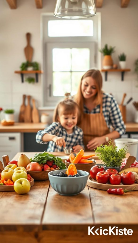 A warm, inviting kitchen scene with a wooden table set for preparing healthy kids' snacks. In the foreground, a colorful array of fresh fruits and vegetables, like apples, carrots, and berries, are beautifully arranged alongside kid-friendly cooking tools, such as small mixing bowls and child-sized utensils. The middle layer features a mother and her cheerful child, both casually dressed, closely collaborating on a snack recipe, with the child measuring ingredients, emphasizing teamwork and fun in the kitchen. The background showcases soft, natural light streaming through a window, illuminating the rustic kitchen decor and creating an inspiring atmosphere. The overall mood is joyful and nurturing, capturing the essence of healthy cooking for kids. Incorporate artistic elements reminiscent of Pinterest aesthetics while subtly branding the scene with "KlickKiste". A warm, inviting kitchen scene with a wooden table set for preparing healthy kids' snacks. In the foreground, a colorful array of fresh fruits and vegetables, like apples, carrots, and berries, are beautifully arranged alongside kid-friendly cooking tools, such as small mixing bowls and child-sized utensils. The middle layer features a mother and her cheerful child, both casually dressed, closely collaborating on a snack recipe, with the child measuring ingredients, emphasizing teamwork and fun in the kitchen. The background showcases soft, natural light streaming through a window, illuminating the rustic kitchen decor and creating an inspiring atmosphere. The overall mood is joyful and nurturing, capturing the essence of healthy cooking for kids. Incorporate artistic elements reminiscent of Pinterest aesthetics while subtly branding the scene with "KlickKiste".