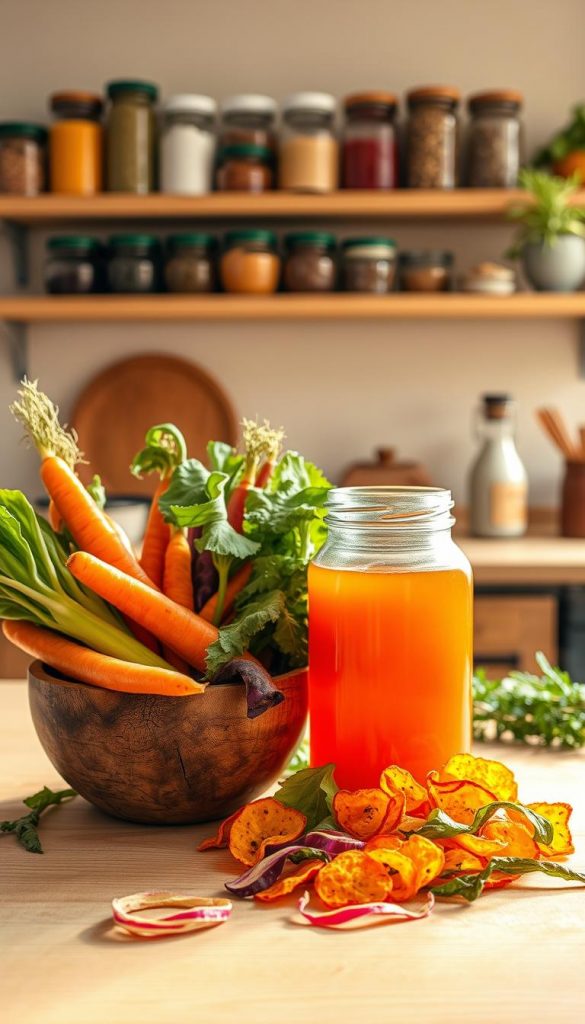 A warm, inviting kitchen setting, showcasing a collection of vibrant vegetable scraps arranged artfully in a rustic wooden bowl. The foreground features colorful carrot tops, leafy greens, and a vibrant array of vegetable peels that hint at delicious possibilities. In the middle, a glass jar filled with homemade vegetable broth sits next to a few crispy vegetable chips spread on a light wooden surface. The background is softly blurred, revealing shelves lined with jars of spices and fresh herbs, all bathed in golden natural lighting that creates a cozy atmosphere. The overall composition embodies a sustainable, zero-waste lifestyle, evoking inspiration and creativity in the kitchen. A subtle hint of the brand "KlickKiste" is incorporated in a stylish way within the scene. A warm, inviting kitchen setting, showcasing a collection of vibrant vegetable scraps arranged artfully in a rustic wooden bowl. The foreground features colorful carrot tops, leafy greens, and a vibrant array of vegetable peels that hint at delicious possibilities. In the middle, a glass jar filled with homemade vegetable broth sits next to a few crispy vegetable chips spread on a light wooden surface. The background is softly blurred, revealing shelves lined with jars of spices and fresh herbs, all bathed in golden natural lighting that creates a cozy atmosphere. The overall composition embodies a sustainable, zero-waste lifestyle, evoking inspiration and creativity in the kitchen. A subtle hint of the brand "KlickKiste" is incorporated in a stylish way within the scene.