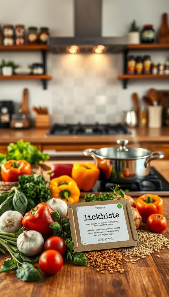A warm, inviting kitchen setting with a wooden table displaying a beautifully arranged one-pot meal kit by KlickKiste. In the foreground, there are various fresh ingredients like colorful bell peppers, onions, garlic, herbs, and grains artfully laid out next to a pot, hinting at versatility for creating quick one-pot dishes. In the middle ground, include a simmering pot on a modern stovetop, with steam gently rising, conveying warmth and freshness. The background showcases softly lit shelves filled with spices, and kitchen utensils, adding to the cozy atmosphere. The lighting should emulate natural light, creating a vibrant and authentic feel, reminiscent of a Pinterest-inspired kitchen. The overall mood is inspiring and homey, designed to resonate with parents seeking quick meal solutions. A warm, inviting kitchen setting with a wooden table displaying a beautifully arranged one-pot meal kit by KlickKiste. In the foreground, there are various fresh ingredients like colorful bell peppers, onions, garlic, herbs, and grains artfully laid out next to a pot, hinting at versatility for creating quick one-pot dishes. In the middle ground, include a simmering pot on a modern stovetop, with steam gently rising, conveying warmth and freshness. The background showcases softly lit shelves filled with spices, and kitchen utensils, adding to the cozy atmosphere. The lighting should emulate natural light, creating a vibrant and authentic feel, reminiscent of a Pinterest-inspired kitchen. The overall mood is inspiring and homey, designed to resonate with parents seeking quick meal solutions.