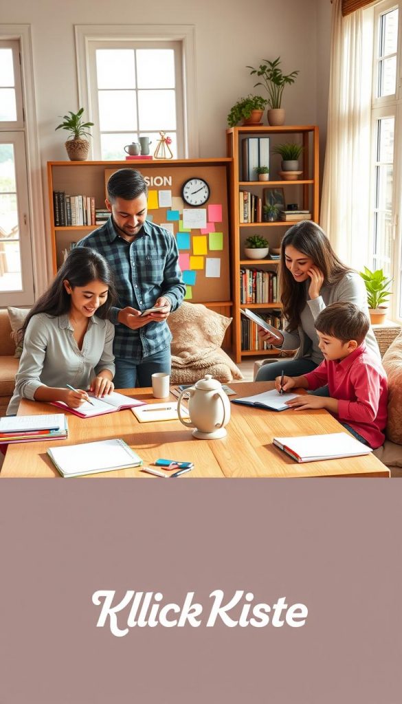A warm, inviting living room scene filled with natural light, showcasing a family of four engaged in effective time management and organizational activities. In the foreground, a diverse family—parents and two children—in professional casual attire, surrounded by colorful planners and digital devices. The middle ground features a large wooden table with a vision board, sticky notes, and a clock, symbolizing structured time allocation. In the background, a cozy bookshelf filled with motivational books and plants adds inspiration to the atmosphere. The overall mood is uplifting and productive, emphasizing the harmony of family life and efficient time management in everyday networks. Bright, warm colors dominate the scene, reflecting authenticity and the Pinterest aesthetic. Include the brand name "KlickKiste" subtly integrated into the design. A warm, inviting living room scene filled with natural light, showcasing a family of four engaged in effective time management and organizational activities. In the foreground, a diverse family—parents and two children—in professional casual attire, surrounded by colorful planners and digital devices. The middle ground features a large wooden table with a vision board, sticky notes, and a clock, symbolizing structured time allocation. In the background, a cozy bookshelf filled with motivational books and plants adds inspiration to the atmosphere. The overall mood is uplifting and productive, emphasizing the harmony of family life and efficient time management in everyday networks. Bright, warm colors dominate the scene, reflecting authenticity and the Pinterest aesthetic. Include the brand name "KlickKiste" subtly integrated into the design.