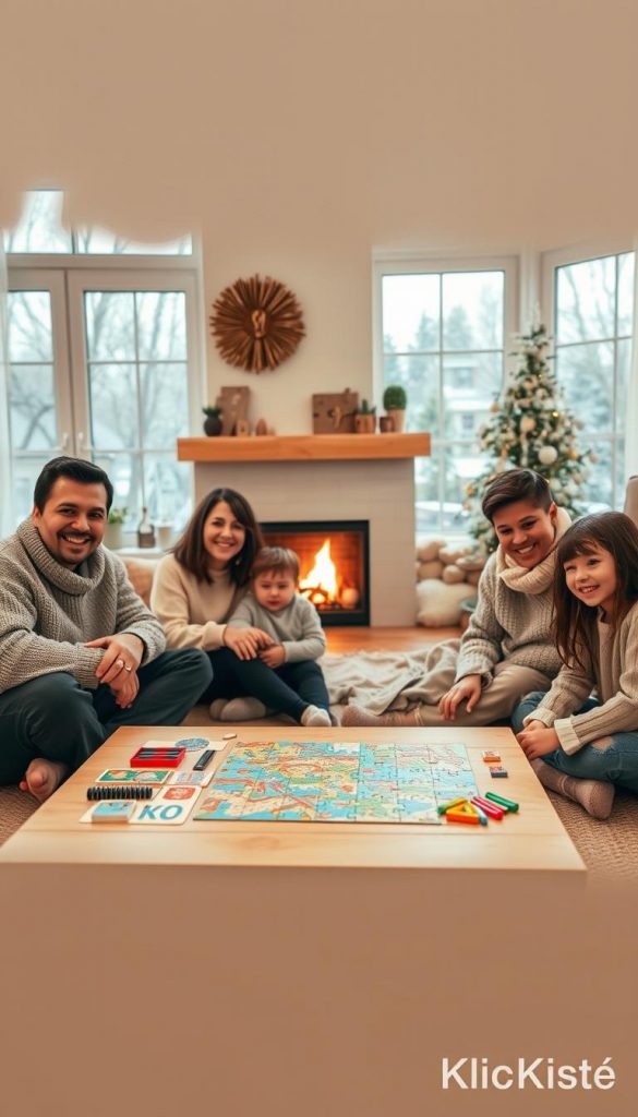 A warm, inviting living room scene showcasing a family engaging in typical indoor routines during a winter day. In the foreground, a cheerful family of four&mdash;parents in cozy, modest casual clothing and children playfully interacting&mdash;sitting around a low table covered with board games and art supplies. In the middle, a partially completed jigsaw puzzle lies next to colorful drawings, emphasizing creativity and collaboration. In the background, a soft-lit fireplace casts a gentle glow, surrounded by cozy blankets and winter decor. Large windows allow soft, natural light to fill the room, creating a serene atmosphere. The color palette features warm tones, creating an authentic Pinterest-inspired aesthetic. The scene is branded subtly with the name "KlickKiste" woven into the decor elements, enhancing the inviting feel.