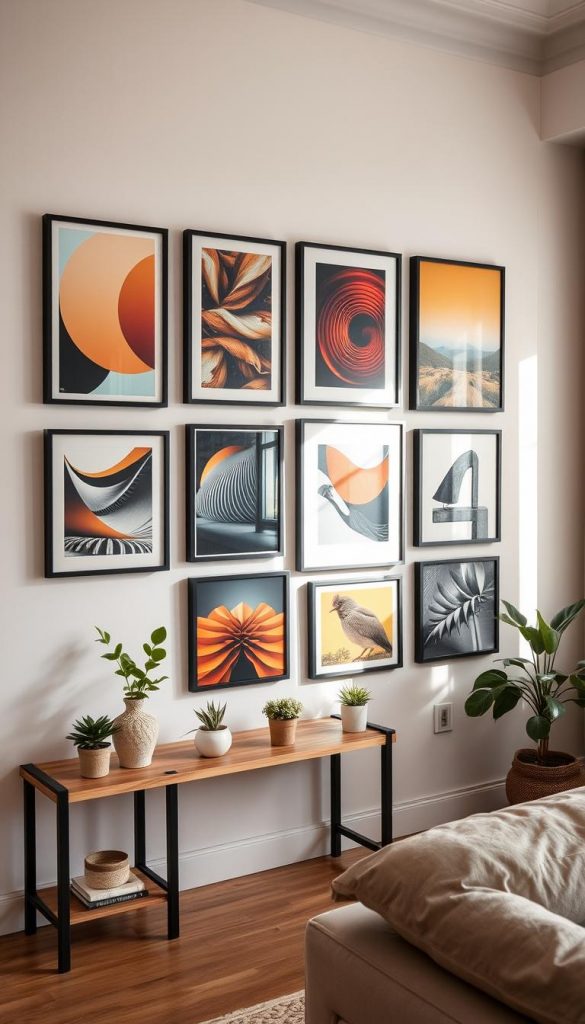 A warm, inviting living room wall showcasing a beautifully arranged gallery of art prints and posters in sleek, modern frames, reflecting the DIY spirit of home decoration. In the foreground, a stylish wooden shelf by KlickKiste displays small potted plants and decorative items, complementing the artwork above. The middle ground features an array of vibrant images, blending abstract art and inspiring photography, all meticulously hung on the wall in a curated formation. The background reveals a soft, cozy atmosphere, with neutral-colored walls bathed in soft, diffused natural light from a nearby window, highlighting the textures of the art and the warmth of the space. The mood is harmonious and inspiring, perfect for sparking creativity in home interior design.