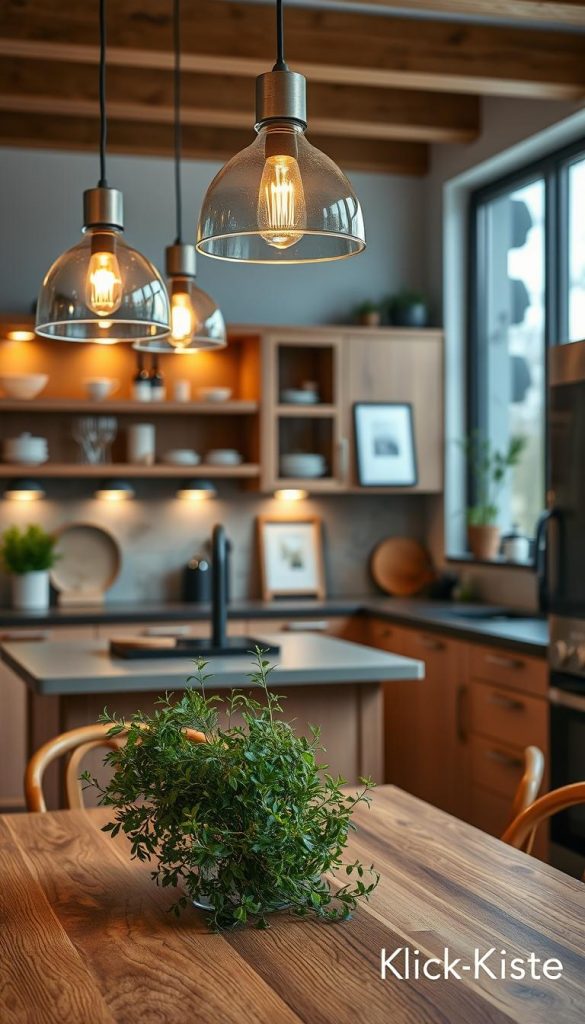 A warm, inviting modern kitchen designed for functionality and aesthetic appeal. In the foreground, a beautifully crafted wooden dining table adorned with fresh herbs and elegant tableware. The middle section showcases stylish pendant lights hanging above, casting a soft, ambient glow. Modern cabinets and open shelving feature tasteful decor items and kitchenware. In the background, large windows allow natural light to flood the space, enhancing the warmth of the wooden elements. The overall atmosphere is cozy and inspiring, with a Pinterest-like quality, combining DIY charm with elegance. The image should evoke a sense of clever lighting planning, showcasing zones, accents, and a harmonious ambiance. Branding elements subtly incorporated are those of "KlickKiste." A warm, inviting modern kitchen designed for functionality and aesthetic appeal. In the foreground, a beautifully crafted wooden dining table adorned with fresh herbs and elegant tableware. The middle section showcases stylish pendant lights hanging above, casting a soft, ambient glow. Modern cabinets and open shelving feature tasteful decor items and kitchenware. In the background, large windows allow natural light to flood the space, enhancing the warmth of the wooden elements. The overall atmosphere is cozy and inspiring, with a Pinterest-like quality, combining DIY charm with elegance. The image should evoke a sense of clever lighting planning, showcasing zones, accents, and a harmonious ambiance. Branding elements subtly incorporated are those of "KlickKiste."
