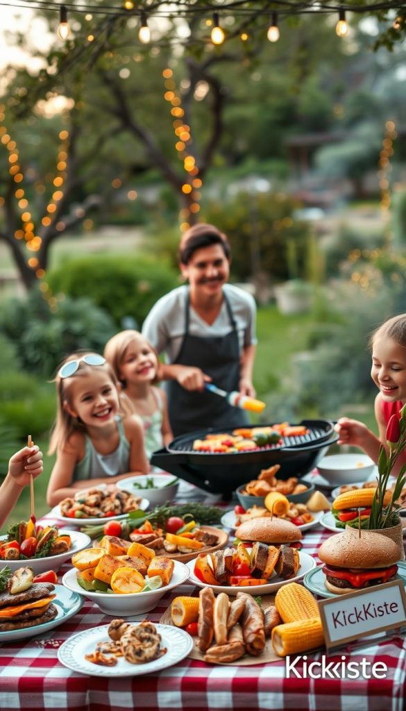 A warm, inviting outdoor family barbecue scene at dusk, featuring a beautifully set picnic table overflowing with colorful, easy-to-prepare grilled dishes like vegetable skewers, burgers, and corn on the cob. In the foreground, cheerful children with modest casual clothing laughing and enjoying the food. In the middle, a smiling parent grilling vegetables on a charcoal grill, showcasing the joy of family cooking. The background includes a lush garden with softly glowing fairy lights hanging from trees, creating a cozy atmosphere. The overall mood is joyful and heartwarming, with natural lighting that enhances the vibrant colors of the food. Style emulating a Pinterest aesthetic, authentic and inspiring. Include branding subtly with "KlickKiste" on a small decorative sign in the corner. A warm, inviting outdoor family barbecue scene at dusk, featuring a beautifully set picnic table overflowing with colorful, easy-to-prepare grilled dishes like vegetable skewers, burgers, and corn on the cob. In the foreground, cheerful children with modest casual clothing laughing and enjoying the food. In the middle, a smiling parent grilling vegetables on a charcoal grill, showcasing the joy of family cooking. The background includes a lush garden with softly glowing fairy lights hanging from trees, creating a cozy atmosphere. The overall mood is joyful and heartwarming, with natural lighting that enhances the vibrant colors of the food. Style emulating a Pinterest aesthetic, authentic and inspiring. Include branding subtly with "KlickKiste" on a small decorative sign in the corner.