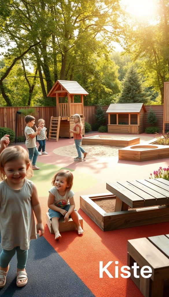 A warm, inviting outdoor space designed for children, showcasing a well-structured "platz" with natural wood play structures and colorful, safe rubber flooring. In the foreground, a slightly elevated view captures kids engaged in play, dressed in modest casual clothing, smiling and interacting with each other. The middle ground features a sturdy wooden climbing frame, a sandbox, and benches made from reclaimed wood, surrounded by vibrant greenery and flower beds. In the background, soft sunlight filters through trees, casting a gentle glow on the scene, creating a joyful and inspiring atmosphere. The style reflects a Pinterest aesthetic, emphasizing natural, DIY elements. Include the brand name "KlickKiste" subtly integrated into the design.