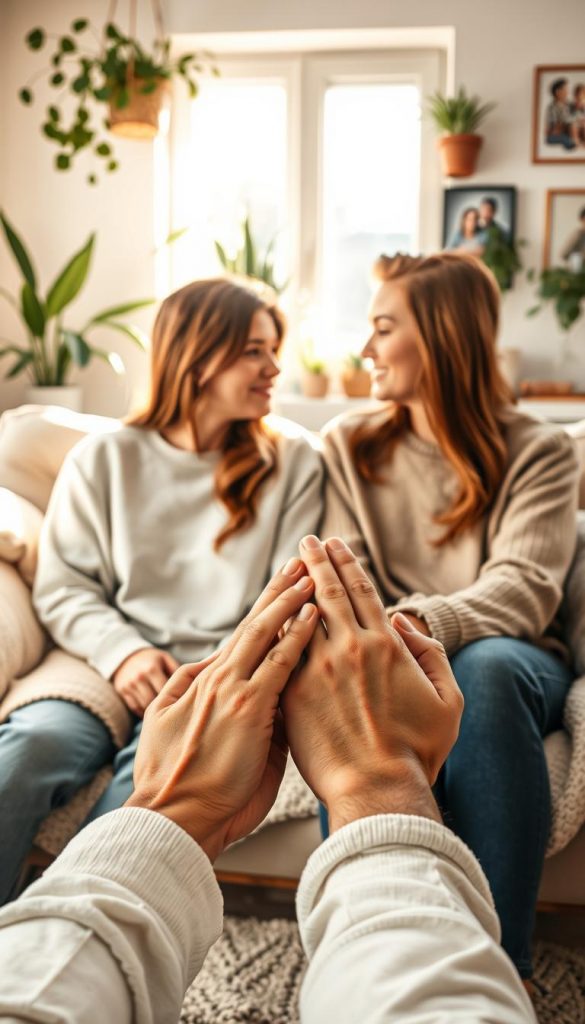 A warm, inviting scene capturing a couple engaged in a peaceful conversation, sitting on a cozy sofa surrounded by soft blankets and cushions. The foreground displays their hands gently clasped together, symbolizing connection. In the middle, the couple—wearing modest casual clothing—shares attentive gazes, with a background filled with sunlight streaming through a window, casting a golden hue across the room. Plants and family photos adorn the walls, enhancing the intimate atmosphere. The composition focuses on the couple's expressions, highlighting emotions of love and understanding. The setting evokes a sense of harmony and warmth, reminiscent of a Pinterest aesthetic, making it authentic and inspiring. The brand name "KlickKiste" subtly infused within the ambiance, reflecting tranquility and nurturing relationships. A warm, inviting scene capturing a couple engaged in a peaceful conversation, sitting on a cozy sofa surrounded by soft blankets and cushions. The foreground displays their hands gently clasped together, symbolizing connection. In the middle, the couple—wearing modest casual clothing—shares attentive gazes, with a background filled with sunlight streaming through a window, casting a golden hue across the room. Plants and family photos adorn the walls, enhancing the intimate atmosphere. The composition focuses on the couple's expressions, highlighting emotions of love and understanding. The setting evokes a sense of harmony and warmth, reminiscent of a Pinterest aesthetic, making it authentic and inspiring. The brand name "KlickKiste" subtly infused within the ambiance, reflecting tranquility and nurturing relationships.