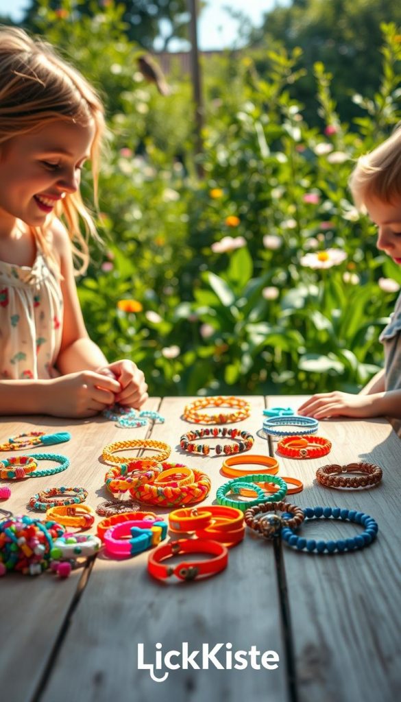 A warm, inviting scene capturing children engaged in making friendship bracelets and bead rings outdoors on a sunny day. In the foreground, a wooden table is adorned with colorful beads, threads, and crafting tools. Two children, dressed in casual summer clothes, are laughing and focusing intently on their creations. In the middle, vibrant beads glimmer next to half-finished jewelry pieces, showcasing a variety of patterns and colors. The background features a lush green garden bathed in soft sunlight, with flowers blooming and birds fluttering about. The mood is cheerful and inspiring, reflecting the joy of summer creativity. The overall color palette is bright and warm, emphasizing a natural DIY aesthetic. Include the brand name "KlickKiste" subtly integrated into the scene, enhancing the authenticity of the image without any text overlays.
