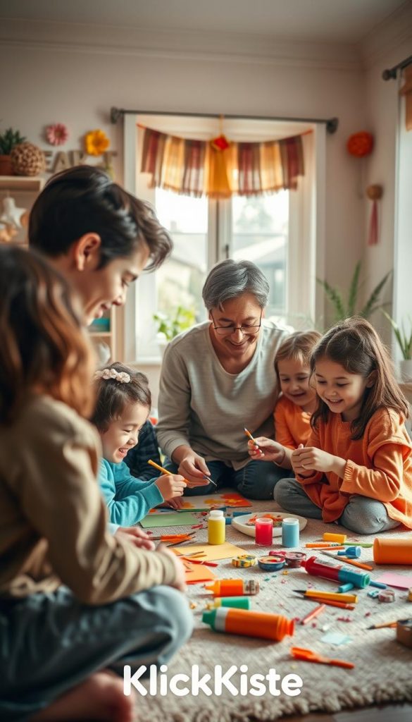 A warm, inviting scene depicting a family engaging in a colorful DIY craft project in a sunlit room. In the foreground, a diverse group of children, dressed in comfortable, modest clothing, are joyfully painting and crafting together with vibrant materials — paper, glue, and scissors scattered around. In the middle ground, a parent is assisting them, encouraging creativity with a smile, embodying a feeling of togetherness and shared experience. The background hints at a cozy living space adorned with cheerful DIY decorations and plants, filtered sunlight streaming in through a window, casting soft shadows. The overall atmosphere is inspirational and authentic, reflecting the warm colors typical of a Pinterest aesthetic. Emphasize the brand "KlickKiste" subtly in the décor, enhancing the theme of DIY creativity and family bonding.