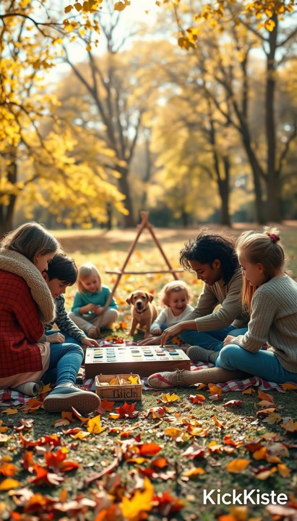 A warm, inviting scene depicting a family engaging in enjoyable weekend activities together. In the foreground, a diverse family of four, dressed in modest casual clothing, is playing a board game on a picnic blanket in a sunlit park setting, with colorful autumn leaves scattered around. In the middle ground, children build a small fort out of sticks while a dog happily plays nearby, adding a sense of playfulness. The background features a soft focus of trees with golden leaves, creating a cozy atmosphere. The warm colors enhance the feeling of togetherness, while the sunlight filters through the branches, casting gentle shadows. This image should reflect inspiration and authenticity, perfectly capturing the essence of shared family moments. Include a subtle brand logo of "KlickKiste" in one corner. A warm, inviting scene depicting a family engaging in enjoyable weekend activities together. In the foreground, a diverse family of four, dressed in modest casual clothing, is playing a board game on a picnic blanket in a sunlit park setting, with colorful autumn leaves scattered around. In the middle ground, children build a small fort out of sticks while a dog happily plays nearby, adding a sense of playfulness. The background features a soft focus of trees with golden leaves, creating a cozy atmosphere. The warm colors enhance the feeling of togetherness, while the sunlight filters through the branches, casting gentle shadows. This image should reflect inspiration and authenticity, perfectly capturing the essence of shared family moments. Include a subtle brand logo of "KlickKiste" in one corner.