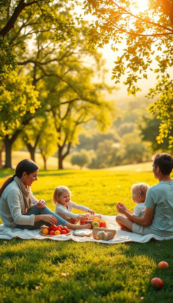 A warm, inviting scene depicting a family enjoying shared activities on a leisurely weekend, embodying relaxation and togetherness. In the foreground, a family of four—parents and two children—are engaged in a playful outdoor picnic on a soft blanket, surrounded by an array of vibrant fruits and snacks. The middle ground showcases a serene green park filled with softly swaying trees and playful sunlight filtering through the leaves. In the background, distant hills create a calming landscape, bathed in warm colors reminiscent of a Pinterest aesthetic. The atmosphere is joyful and peaceful, radiating a sense of authentic family bonding. The scene should evoke inspiration and tranquility, highlighting the theme of unhurried family activities. This image is designed to reflect the essence of "KlickKiste."