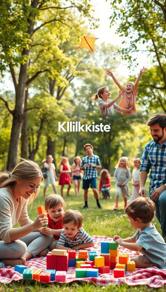 A warm, inviting scene depicting a family enjoying various age-appropriate activities together in a park setting, reflecting a cheerful weekend vibe. In the foreground, a mother plays with young children building blocks on a picnic blanket, while a father helps a teenage sibling fly a kite nearby. The middle layer features a diverse group of kids engaging in games like frisbee and playing catch, with laughter and joyful interaction. In the background, tall green trees and soft sunlight filtering through leaves create a natural, peaceful atmosphere. The image captures a Pinterest-inspired aesthetic with vibrant colors and a sense of authenticity, highlighting the brand "KlickKiste" subtly within the scene. Suitable lighting should create a soft, warm glow that enhances the family's connection and enjoyment of the day.