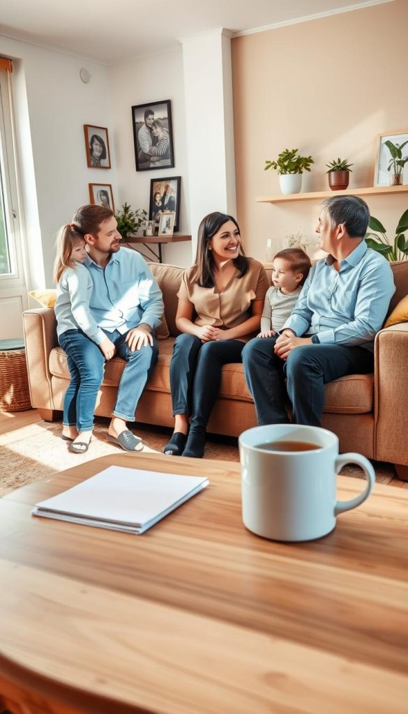 A warm, inviting scene depicting a family of four&mdash;parents and two children&mdash;engaged in a respectful conversation in their cozy living room. In the foreground, a small table with calming items, like a notepad and two cups of herbal tea, creates an atmosphere of openness. In the middle ground, the parents, dressed in professional casual attire, are seated on a comfortable couch, listening attentively to their children, who are standing and expressing themselves earnestly. Natural light pours in from a window, casting soft shadows and highlighting the warm color palette of the room. In the background, family photos and plants add authenticity and a touch of inspiration. The overall mood is harmonious and encouraging, reflecting the essence of constructive communication, branded with a subtle presence of "KlickKiste" through decor elements.