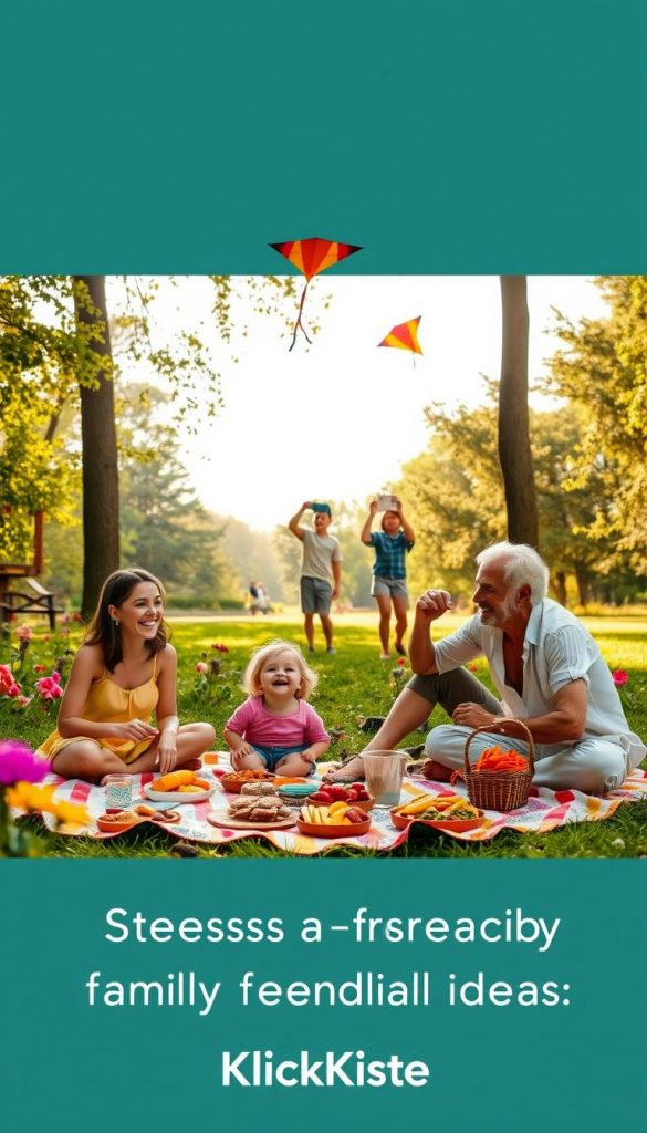A warm, inviting scene depicting a happy family enjoying a weekend together outdoors, surrounded by lush greenery and vibrant flowers. In the foreground, a diverse family of four—parents and two children—are engaged in a fun picnic, with a beautifully spread blanket and an array of colorful dishes. In the middle ground, children are flying kites, while the parents cheer them on, showcasing an atmosphere of joy and togetherness. The background features a serene park with tall trees and soft sunlight filtering through the leaves, casting a golden glow over the scene. The overall mood is light-hearted and inspirational, reflecting a Pinterest-inspired aesthetic. This image represents "KlickKiste", capturing the essence of stress-free family weekend ideas.