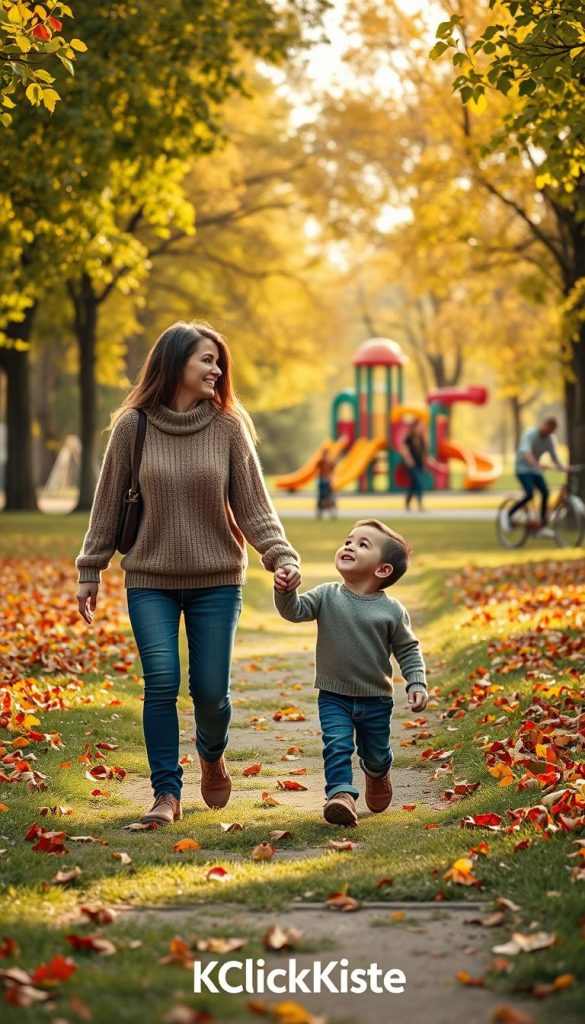 A warm, inviting scene depicting a parent and child walking hand-in-hand through a vibrant park, surrounded by lush greenery and playful autumn leaves. In the foreground, the child, dressed in a cozy sweater and jeans, is looking up with a smile, while the parent, in modest casual clothing, points towards a colorful playground in the distance, symbolizing safety and exploration. In the middle ground, other families can be seen enjoying the park, engaging in various activities such as cycling and picnicking, emphasizing community and digital balance. The background features soft sunlight filtering through the trees, creating a serene and inspiring atmosphere. The image should evoke feelings of warmth and safety, perfectly aligning with the core themes of independence and responsible media usage. Incorporate subtle branding elements of "KlickKiste" in the design.