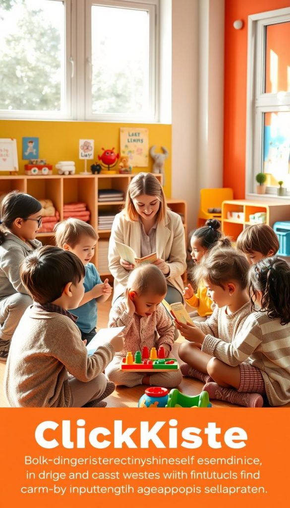 A warm, inviting scene depicting children in a kindergarten setting, engaging in collaborative activities that promote self-confidence. In the foreground, a group of diverse children, wearing comfortable, modest casual clothing, share toys and books, showcasing teamwork and joy. The middle ground features a caring educator, dressed in professional attire, guiding them through a playful learning exercise that encourages creativity and mutual respect. In the background, bright colorful walls display uplifting artwork and learning materials. Soft, natural lighting filters through large windows, creating a cozy atmosphere. The overall mood is cheerful and inspiring, embodying the theme of "KlickKiste" with inviting, Pinterest-inspired aesthetics that evoke warmth and authenticity as it conveys the importance of age-appropriate strength in early education.