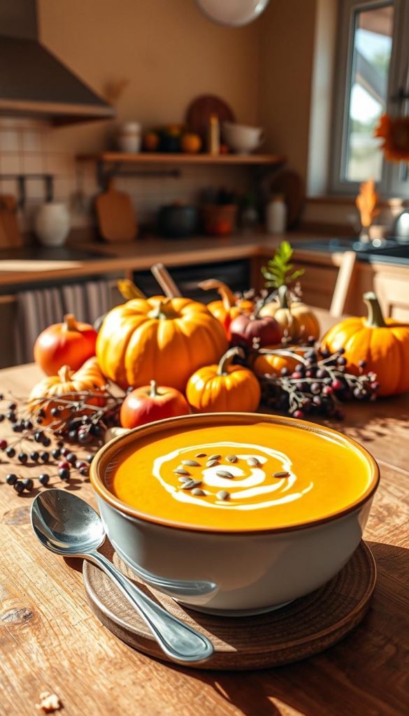 A warm, inviting scene featuring a bowl of rich, creamy Kürbissuppe (pumpkin soup) nestled on a rustic wooden table. In the foreground, the vibrant orange soup is garnished with a sprinkle of pumpkin seeds and a swirl of cream, along with a spoon resting beside it. In the middle, colorful autumn ingredients like fresh pumpkins, apples, and elderberries are artfully arranged around the bowl, enhancing the fall theme. In the background, a softly lit kitchen with warm tones creates a cozy atmosphere, with sunlight filtering through a window, casting gentle shadows. The entire image evokes a feeling of warmth, comfort, and togetherness, perfect for a family-friendly autumn recipe. Inspired by the brand "KlickKiste," the overall aesthetic is natural and visually appealing, reminiscent of Pinterest inspiration.