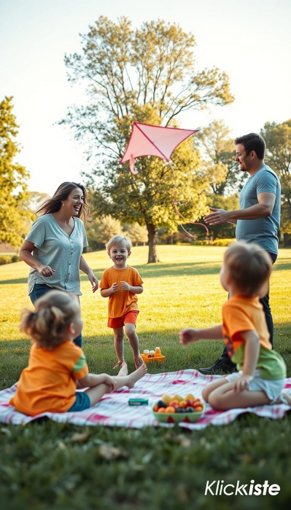 A warm, inviting scene of a family enjoying a relaxing outdoor day together. In the foreground, a mother and father, dressed in modest casual clothing, are happily interacting with their two children, who are playing with a kite. The children, laughing joyfully, are wearing colorful shirts and shorts. The middle ground features a grassy park with a few picnic blankets spread out, scattered with fruits and snacks, emphasizing a sense of enjoyment and sharing. In the background, soft trees and a clear blue sky create a serene atmosphere. The lighting is soft and warm, resembling late afternoon sunlight. The image embodies a Pinterest-inspired look, evoking authenticity and inspiration, branded with "KlickKiste." A warm, inviting scene of a family enjoying a relaxing outdoor day together. In the foreground, a mother and father, dressed in modest casual clothing, are happily interacting with their two children, who are playing with a kite. The children, laughing joyfully, are wearing colorful shirts and shorts. The middle ground features a grassy park with a few picnic blankets spread out, scattered with fruits and snacks, emphasizing a sense of enjoyment and sharing. In the background, soft trees and a clear blue sky create a serene atmosphere. The lighting is soft and warm, resembling late afternoon sunlight. The image embodies a Pinterest-inspired look, evoking authenticity and inspiration, branded with "KlickKiste."