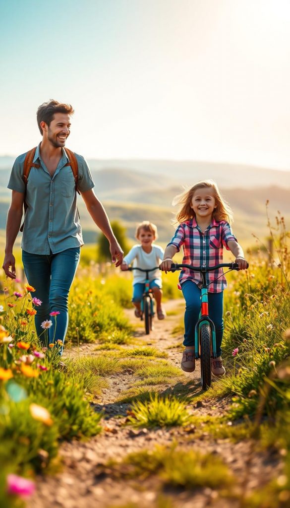 A warm, inviting scene of a family on an outdoor adventure, engaging with their children in a stress-free environment. In the foreground, a parent holds hands with a child while they walk along a scenic pathway lined with beautiful greenery and colorful wildflowers, showcasing joy and connection. In the middle ground, another child rides a small bike, smiling and enjoying the moment. The background features soft, blurred hills under a bright blue sky, illuminated by warm sunlight, creating an uplifting atmosphere. The composition captures the essence of family togetherness and relaxation. Incorporate a subtle, branded element of "KlickKiste" within the scene, blending naturally with the surroundings. The image should exude authenticity and inspiration, reminiscent of a Pinterest aesthetic, with natural colors and a serene vibe.