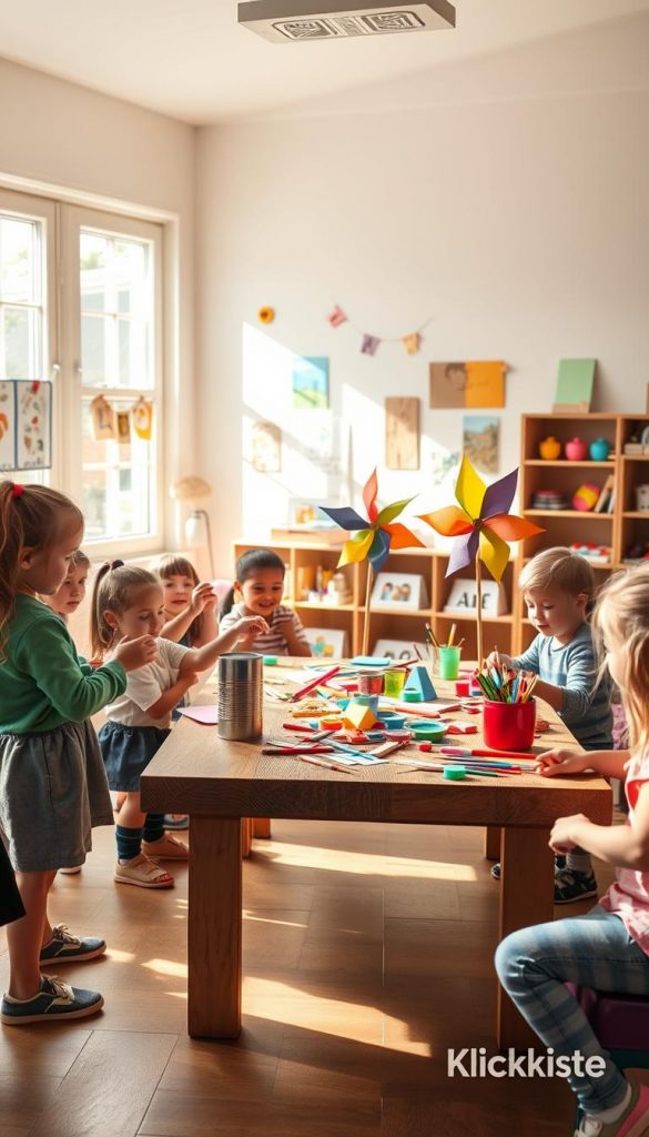 A warm, inviting scene of a kindergarten classroom filled with children engaged in upcycling projects. In the foreground, children wearing casual, colorful clothing are excitedly creating DIY projects like tin can stilts and a colorful windmill, using natural materials like paper and wooden sticks. The middle section features a sturdy, wooden table with a messy yet playful display of arts and crafts supplies, such as paints, brushes, and craft foam scattered around. In the background, bright sunlight streams through large windows, casting a soft glow on the cheerful atmosphere. The walls are adorned with children’s artwork, creating an authentic, Pinterest-inspired vibe. The overall mood is joyful and inspiring, emphasizing creativity and collaboration. Include subtle branding elements for "KlickKiste" in the decor.