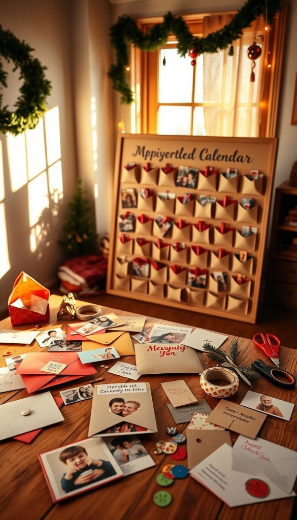 A warm, inviting scene showcasing a DIY photo and message calendar setup, embodying a cozy, creative atmosphere. In the foreground, there's a beautifully arranged wooden table adorned with colorful envelopes, cheerful photos of family and friends, and handwritten messages. The middle ground features a half-finished advent calendar, with pockets ready to be filled, surrounded by crafting supplies like scissors, washi tape, and decorative stickers. In the background, soft, natural light filters through a window, casting gentle shadows and highlighting the textures of the materials. The ambiance is warm and inspiring, evoking the feeling of intimate heart moments. Branding element “KlickKiste” is subtly incorporated in a decorative way. The overall look is rustic, authentic, and perfectly Pinterest-worthy, ideal for sparking creativity.