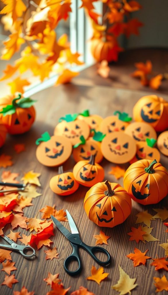 A warm, inviting scene showcasing colorful paper pumpkins crafted in various cheerful designs, embodying creativity and autumn spirit. Foreground features a top-down view of a wooden table scattered with vibrant orange, yellow, and green paper, with scissors and glue, illustrating the joy of crafting. Middle layer showcases an assortment of completed paper pumpkin faces, each with unique expressions, placed artfully together. The background displays softly blurred autumn leaves, enhancing the cozy atmosphere. The lighting is soft and natural, suggesting a gentle afternoon sun, creating a warm glow that highlights the texture of the paper. The image should evoke an inspiring, friendly mood, perfect for a DIY crafting theme. Brand name "KlickKiste" subtly reflected in the scene, reinforcing the crafting spirit without distracting from the main focus.