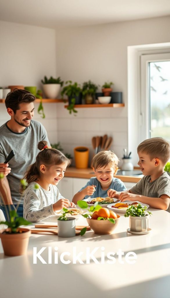 A warm, inviting scene showing a typical family morning routine in 2026. In the foreground, a mother and father, dressed in comfortable casual clothing, are engaged with their two children, a girl and a boy, both around 8 years old, who are happily eating breakfast at a modern kitchen table. The middle ground captures the bright, airy kitchen filled with plants and organized utensils, conveying a sense of order and calm. In the background, a window reveals a sunny day with birds outside, enhancing the cheerful atmosphere. The lighting is soft and natural, evoking warmth and inspiration. The overall mood reflects a harmonious family environment, with the brand name "KlickKiste" subtly integrated into the scene to inspire and resonate with viewers.