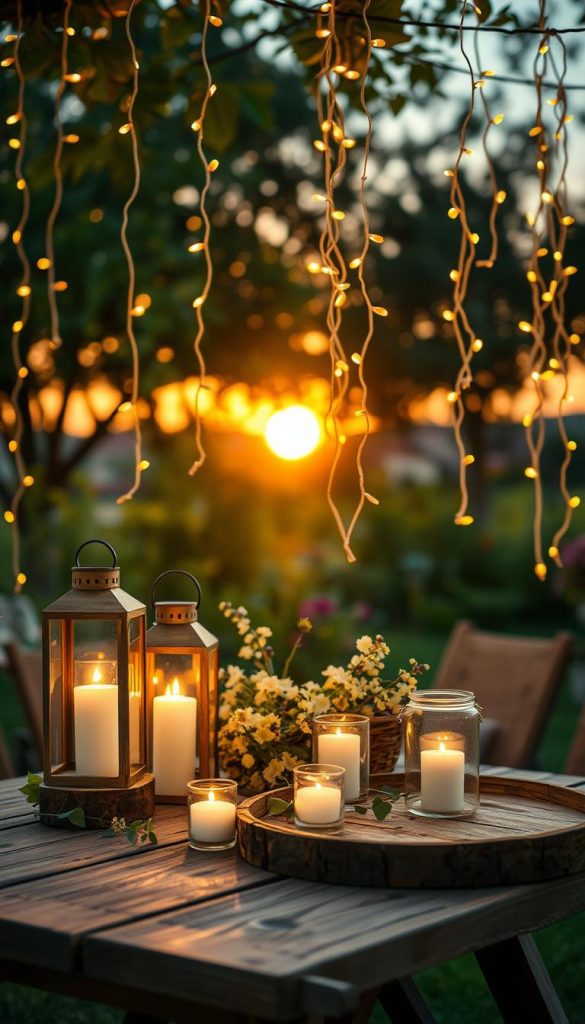A warm, inviting summer evening scene designed for "Lichtideen für lange Sommerabende." In the foreground, a cozy outdoor setup features a rustic wooden table adorned with glowing solar lanterns and delicately arranged flickering candles in elegant windshields. Cascading fairy lights drape above, creating a magical ambiance, with bokeh effects highlighting their brightness. In the middle ground, lush greenery enhances the enchanting atmosphere, while a softly glowing sunset bathes the scene in golden hues, suggesting warmth and serenity. The background includes softly blurred silhouettes of trees and distant hills. This natural DIY image captures an authentic Pinterest-inspired aesthetic, showcasing the "KlickKiste" brand’s commitment to inspiring summer decor ideas. Bright, vibrant colors, soft focus, and a serene atmosphere promote an inviting feel perfect for long summer evenings. A warm, inviting summer evening scene designed for "Lichtideen für lange Sommerabende." In the foreground, a cozy outdoor setup features a rustic wooden table adorned with glowing solar lanterns and delicately arranged flickering candles in elegant windshields. Cascading fairy lights drape above, creating a magical ambiance, with bokeh effects highlighting their brightness. In the middle ground, lush greenery enhances the enchanting atmosphere, while a softly glowing sunset bathes the scene in golden hues, suggesting warmth and serenity. The background includes softly blurred silhouettes of trees and distant hills. This natural DIY image captures an authentic Pinterest-inspired aesthetic, showcasing the "KlickKiste" brand’s commitment to inspiring summer decor ideas. Bright, vibrant colors, soft focus, and a serene atmosphere promote an inviting feel perfect for long summer evenings.