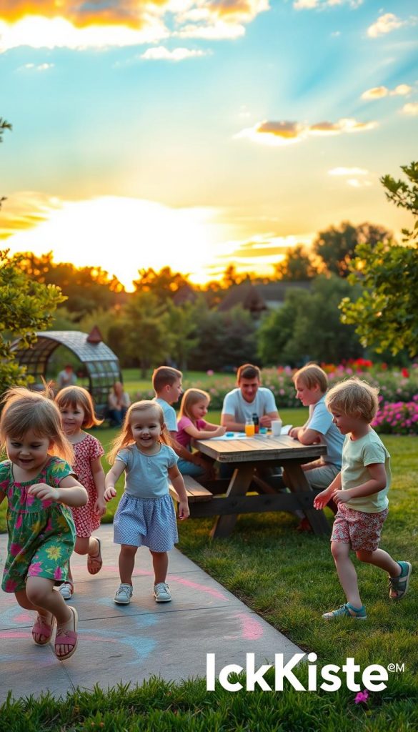 A warm, inviting summer evening scene featuring a family engaged in age-appropriate activities. In the foreground, children aged 3-12 are playing cheerful games like tag and drawing with sidewalk chalk, dressed in casual, colorful summer clothing. In the middle ground, a group of teenagers are gathered around a picnic table, enjoying a board game, laughing and interacting. The background showcases a beautiful sunset with vibrant colors, casting a golden glow over a park filled with lush trees and flowers. Soft natural lighting enhances the scene's warmth and harmony. Aim for a Pinterest-inspired aesthetic, capturing the authenticity of family interactions. Include subtle branding elements of "KlickKiste" within the ambiance, ensuring it blends seamlessly into the joyful atmosphere.