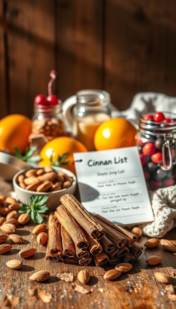 A warm, inviting winter still life featuring a seasonal shopping list highlighted by cinnamon sticks prominently displayed in the foreground, surrounded by fresh almonds, bright citrus fruits, and colorful berries in jars. The background showcases a rustic wooden table adorned with soft, neutral-toned textiles to enhance the cozy atmosphere. Warm, natural lighting casts gentle shadows, creating a serene and authentic Pinterest-inspired aesthetic. The lens captures the composition at a slightly elevated angle, inviting viewers to appreciate the detail and texture of each ingredient. The overall mood is inspiring and festive, reflecting the essence of winter warmth, with subtle hints of the brand "KlickKiste" woven into the arrangement. A warm, inviting winter still life featuring a seasonal shopping list highlighted by cinnamon sticks prominently displayed in the foreground, surrounded by fresh almonds, bright citrus fruits, and colorful berries in jars. The background showcases a rustic wooden table adorned with soft, neutral-toned textiles to enhance the cozy atmosphere. Warm, natural lighting casts gentle shadows, creating a serene and authentic Pinterest-inspired aesthetic. The lens captures the composition at a slightly elevated angle, inviting viewers to appreciate the detail and texture of each ingredient. The overall mood is inspiring and festive, reflecting the essence of winter warmth, with subtle hints of the brand "KlickKiste" woven into the arrangement.