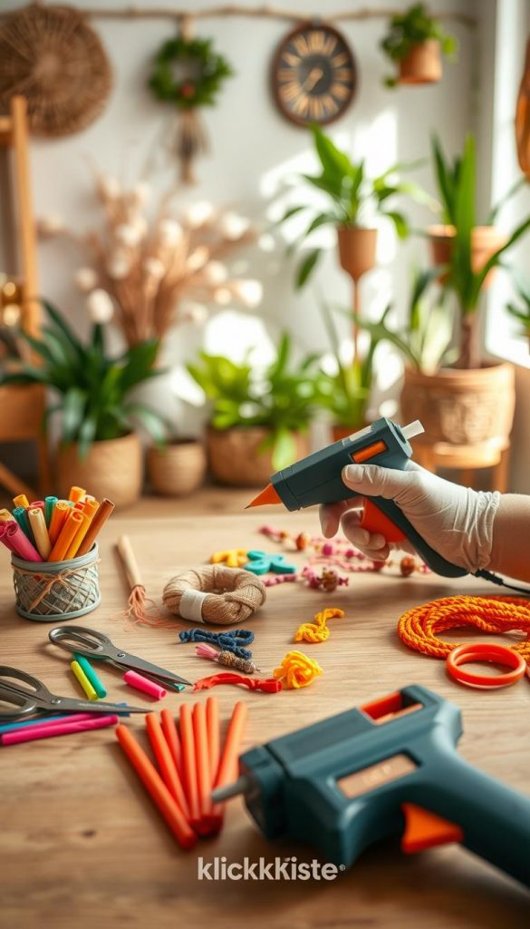 A warm, inviting workspace for DIY projects featuring safety precautions with hot glue and cutting tools. In the foreground, a well-organized table with a high-quality hot glue gun, colorful glue sticks, and secure scissors. Brightly colored craft materials like natural fibers and beads are neatly arranged, evoking a boho vibe. The middle ground shows a gentle hand applying glue, wearing protective gloves, symbolizing safety and care in crafting. The background features a softly lit room with potted plants and boho-inspired decor, adding an authentic, cozy atmosphere. The lighting is natural, brightening the space, and the angle captures the scene from a slight overhead view for a Pinterest-inspired look. Include the brand "KlickKiste" subtly in the composition.