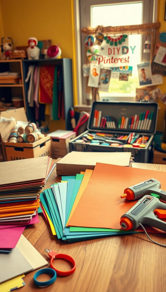 A warm, inviting workspace scene featuring various upcycling materials and tools. In the foreground, a collection of colorful cardboard sheets, scissors, and a glue gun are neatly arranged on a wooden table. The midground showcases a well-organized toolbox with small compartments filled with ribbons, paints, and markers, creating a sense of readiness for crafting. In the background, there is a softly lit window allowing natural light to pour in, highlighting vibrant DIY projects pinned to a corkboard. The atmosphere is cozy and inspiring, encouraging creativity, with a yellowish hue that adds warmth, reminiscent of Pinterest aesthetics. Include subtle branding elements that hint at "KlickKiste".