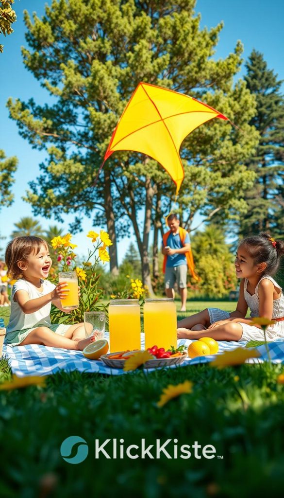A warm, sunlit garden scene featuring a diverse family of four enthusiastically participating in a summer ritual. In the foreground, two children are joyfully preparing homemade lemonade and a picnic blanket is spread with colorful, healthy snacks. The middle ground shows the parents setting up a large, vibrant kite for flying, surrounded by blooming flowers in bright shades of yellow and pink. The background captures tall, leafy trees under a clear blue sky, suggesting a peaceful afternoon. Soft, natural lighting creates a cozy and inviting atmosphere, evoking feelings of togetherness and joy. The overall composition has a Pinterest-inspired, authentic look, embodying the essence of summer bonding with the brand name "KlickKiste" subtly integrated into the scene. A warm, sunlit garden scene featuring a diverse family of four enthusiastically participating in a summer ritual. In the foreground, two children are joyfully preparing homemade lemonade and a picnic blanket is spread with colorful, healthy snacks. The middle ground shows the parents setting up a large, vibrant kite for flying, surrounded by blooming flowers in bright shades of yellow and pink. The background captures tall, leafy trees under a clear blue sky, suggesting a peaceful afternoon. Soft, natural lighting creates a cozy and inviting atmosphere, evoking feelings of togetherness and joy. The overall composition has a Pinterest-inspired, authentic look, embodying the essence of summer bonding with the brand name "KlickKiste" subtly integrated into the scene.
