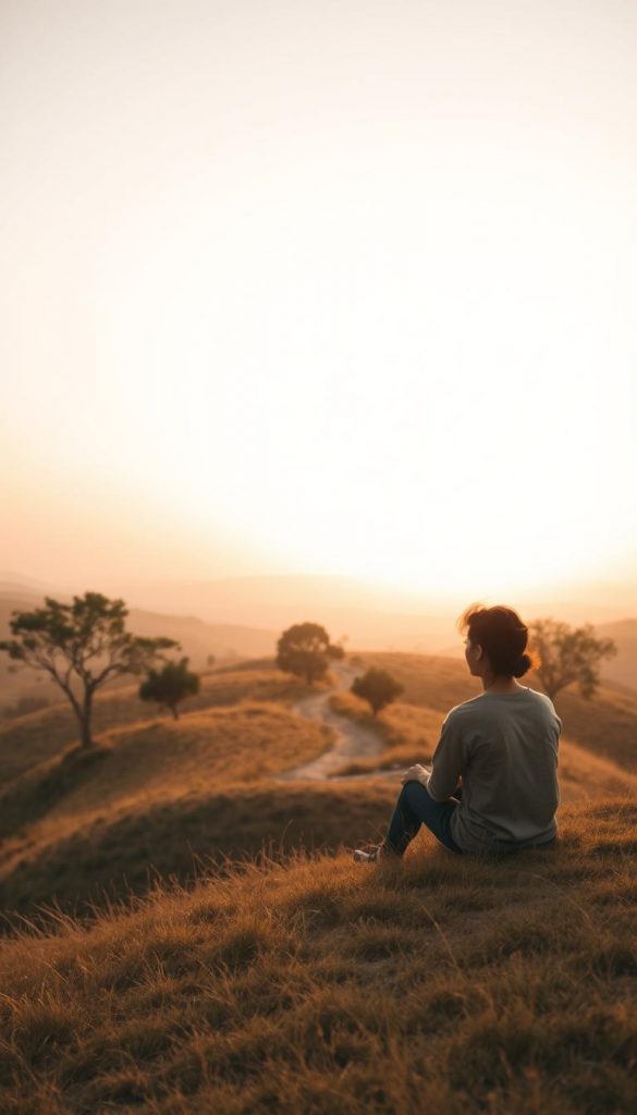 A warm-toned, inviting image of a serene landscape that represents connection and acceptance. In the foreground, a person in modest casual clothing sits on a soft, grassy hill, looking contemplative yet peaceful, embodying the idea of acceptance of life's ups and downs. The middle ground features gently swaying trees and a small, winding path leading to a distant horizon, symbolizing the journey through life’s challenges. In the background, a soft sunset casts golden hues across the sky, creating a harmonious blend of oranges and pinks. Soft natural lighting emphasizes the scene, evoking a feeling of tranquility and hope. The overall mood is authentic and inspiring, reflecting the essence of "KlickKiste".