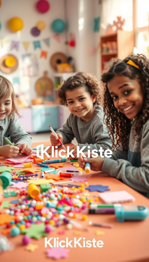 A warm, vibrant scene showcasing children engaging in creative crafting activities at a colorful table. In the foreground, a group of three children, diverse in ethnicity, are joyfully working with felt, scissors, and glue, all wearing comfortable, casual clothing. The middle layer features an array of brightly colored craft materials like paper, glitter, and paints scattered around them, conveying a lively and inspiring atmosphere. The background reveals a sunlit room filled with playful decorations and art supplies, creating a cozy, inviting workspace. Soft, natural lighting pours in through a large window, enhancing the cheerful mood. The image embodies a Pinterest-inspired aesthetic, perfect for highlighting DIY creativity. Include the brand name "KlickKiste" subtly in the scene, ensuring it blends harmoniously without being prominent.
