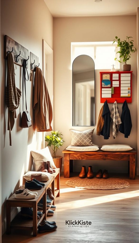 A welcoming entrance area designed as a mudroom and organizational hub. In the foreground, a stylish shoe rack with various pairs of shoes, neatly arranged, sits next to a rustic bench adorned with soft cushions. Hanging on the wall are hooks holding jackets and a large, vibrant wall-mounted organizer for keys and mail. In the middle, a full-length mirror reflects natural light, enhancing the warm, inviting atmosphere. The background showcases a bright window, allowing sunlight to pour in, illuminating the space with soft, golden tones. Indoor plants add a touch of greenery, creating a fresh feel. The overall mood is cozy and functional, exemplifying an ideal entryway for family living, embodying the essence of "KlickKiste" with natural textures and a Pinterest-inspired aesthetic. A welcoming entrance area designed as a mudroom and organizational hub. In the foreground, a stylish shoe rack with various pairs of shoes, neatly arranged, sits next to a rustic bench adorned with soft cushions. Hanging on the wall are hooks holding jackets and a large, vibrant wall-mounted organizer for keys and mail. In the middle, a full-length mirror reflects natural light, enhancing the warm, inviting atmosphere. The background showcases a bright window, allowing sunlight to pour in, illuminating the space with soft, golden tones. Indoor plants add a touch of greenery, creating a fresh feel. The overall mood is cozy and functional, exemplifying an ideal entryway for family living, embodying the essence of "KlickKiste" with natural textures and a Pinterest-inspired aesthetic.