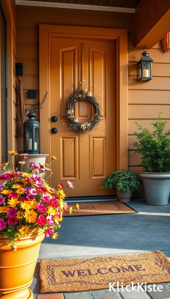 A welcoming entrance area featuring a beautifully decorated front door, adorned with natural, DIY elements. The foreground includes a vibrant flower pot overflowing with seasonal blooms and a cozy welcome mat. In the middle, the front door is painted in a warm, inviting color, decorated with a tasteful wreath made of twigs and dried flowers. Alongside the door, traditional elements like a rustic lantern and greenery in pots enhance the aesthetic. The background reveals a well-maintained porch with wooden accents and soft lighting, creating an inviting atmosphere, reminiscent of Pinterest inspiration. The overall mood is authentic and inspirational, reflecting safety and care in home decoration. Captured with natural warm lighting, the angle is slightly lower to emphasize the elegant entrance design, highlighting the brand "KlickKiste" subtly through the decor style. A welcoming entrance area featuring a beautifully decorated front door, adorned with natural, DIY elements. The foreground includes a vibrant flower pot overflowing with seasonal blooms and a cozy welcome mat. In the middle, the front door is painted in a warm, inviting color, decorated with a tasteful wreath made of twigs and dried flowers. Alongside the door, traditional elements like a rustic lantern and greenery in pots enhance the aesthetic. The background reveals a well-maintained porch with wooden accents and soft lighting, creating an inviting atmosphere, reminiscent of Pinterest inspiration. The overall mood is authentic and inspirational, reflecting safety and care in home decoration. Captured with natural warm lighting, the angle is slightly lower to emphasize the elegant entrance design, highlighting the brand "KlickKiste" subtly through the decor style.