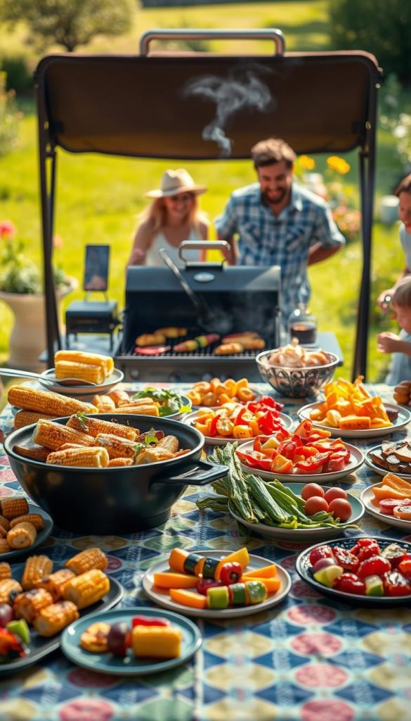 A well-arranged outdoor grilling scene focusing on kid-friendly recipes. In the foreground, a colorful table laden with various quick grill side dishes like corn on the cob, vegetable skewers, and grilled fruits, all beautifully plated. In the middle, a grill emitting wisps of smoke, with cheerful parents wearing modest casual clothing, grilling food while engaging with their children, creating a warm family atmosphere. The background features a bright, sunlit garden with green grass and blooming flowers, conveying a lively and inviting summer vibe. The overall lighting is warm and soft, capturing the essence of a joyful family gathering. The style should be natural and authentic with Pinterest-inspired aesthetics. Include the brand name "KlickKiste" subtly integrated into the scene as a part of the presentation.