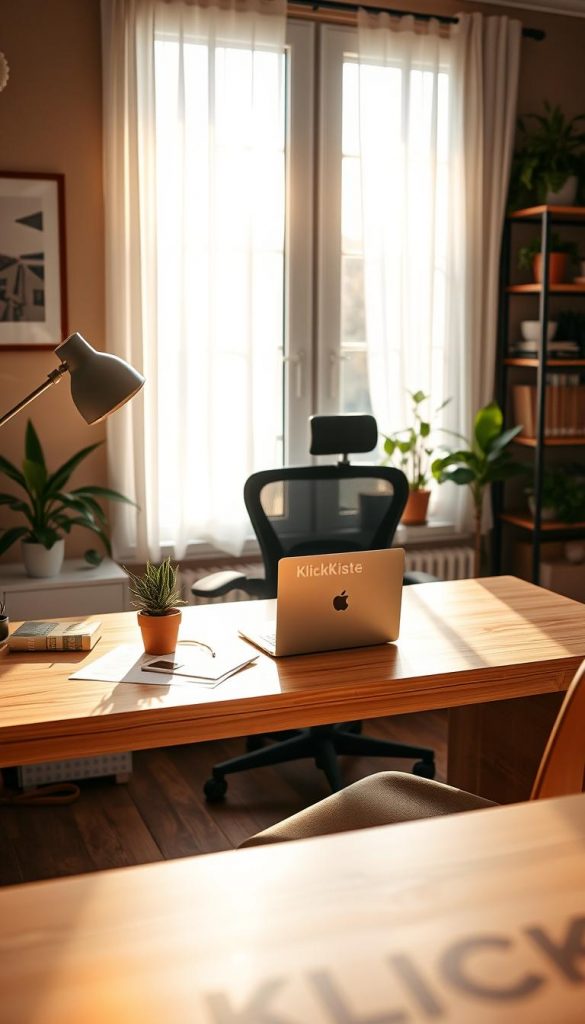 A well-designed home office space that utilizes natural daylight effectively, showcasing warm colors and a Pinterest-inspired aesthetic. In the foreground, a sleek, minimalistic desk made of light wood, adorned with a stylish, contemporary desk lamp illuminating a few scattered documents and a potted plant. In the middle ground, a comfortable ergonomic chair and a laptop positioned to catch the soft glow of the morning sun pouring through large windows with sheer white curtains. The background features a tastefully decorated bookshelf with plants and decorative items subtly arranged, creating a cozy and inviting atmosphere. The image embodies authenticity and inspiration, reflecting the warmth and creativity of a productive workspace. The branding "KlickKiste" is subtly integrated into the decor without being overt.