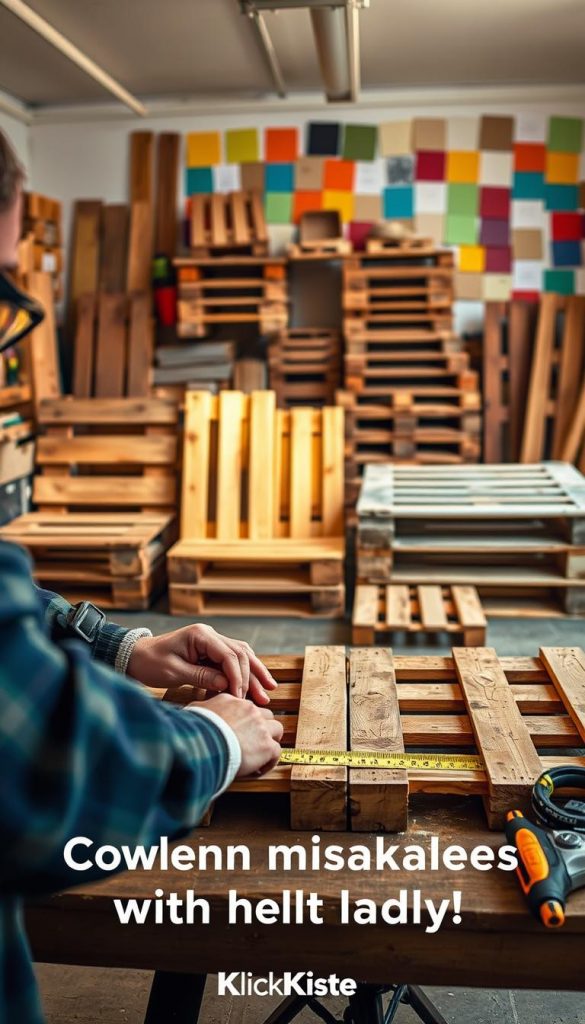 A well-organized DIY workspace featuring a beautifully crafted pallet furniture piece, showcasing common mistakes to avoid when building with pallets. In the foreground, a close-up of a worker's hands carefully measuring and cutting a pallet, surrounded by essential tools like a tape measure, saw, and safety goggles. The middle ground displays various unfinished pallet projects, highlighting potential structural issues and misaligned pieces. In the background, a cozy, well-lit workshop with warm, natural lighting, and colorful paint swatches on the walls, embodies a Pinterest-inspired aesthetic. The scene is inviting and inspiring, promoting a sense of creativity and authenticity. Include subtle branding for "KlickKiste" to enhance the DIY feel of the image.