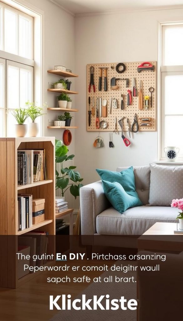 A well-organized, small living space showcasing practical DIY storage solutions crafted with natural materials. In the foreground, a stylish shelving unit made from light wood displaying neatly arranged books, plants, and decorative boxes, emphasizing stability and weight capacity. The middle ground features a cozy seating area with vibrant cushions, while a wall-mounted pegboard holds tools and craft supplies, promoting safety through effective wall installation. The background reveals a bright, airy ambiance with large windows allowing soft, warm light to filter in, creating a welcoming atmosphere. The overall aesthetic captures a Pinterest-worthy look, with an authentic, inspiring feeling. The brand name "KlickKiste" subtly integrated into the design, urging viewers to embrace order and functionality in their homes.