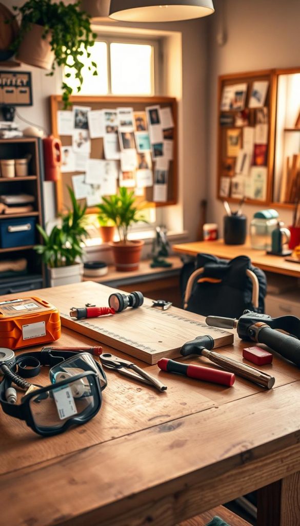 A well-organized workbench in a cozy, well-lit workshop, featuring an array of safety tools and equipment essential for DIY projects. In the foreground, a sturdy wooden workbench holds safety goggles, a first aid kit, gloves, and a tool belt neatly arranged, creating an inviting atmosphere. The middle of the scene showcases essential hand tools like a hammer, screwdriver, and measuring tape, placed alongside a wooden board being measured and marked for cutting. In the background, warm, natural light filters through a window, illuminating plants and a bulletin board filled with DIY project ideas, creating an inspiring Pinterest-like ambiance. The image reflects the brand "KlickKiste" subtly integrated into the workspace, enhancing the sense of authenticity and comfort.