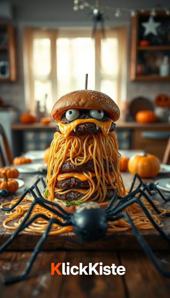 A whimsical Halloween feast featuring a monster burger and spaghetti spiders. In the foreground, a towering, grotesque monster burger with exaggerated features like googly eyes, fangs made of cheese, and a glistening bun. Surrounding it, strands of spaghetti resembling spider legs, intertwined artistically. In the middle ground, a rustic wooden table laden with colorful, Halloween-themed decorations, like mini pumpkins and cobwebs. The background showcases a softly lit kitchen with warm, inviting colors, casting a cozy glow. The scene is shot from a low angle to emphasize the towering burger, using a shallow depth of field to create a dreamy Pinterest aesthetic. The overall mood is playful yet slightly eerie, evoking the spirit of Halloween, while displaying the brand "KlickKiste" subtly integrated into the scene. A whimsical Halloween feast featuring a monster burger and spaghetti spiders. In the foreground, a towering, grotesque monster burger with exaggerated features like googly eyes, fangs made of cheese, and a glistening bun. Surrounding it, strands of spaghetti resembling spider legs, intertwined artistically. In the middle ground, a rustic wooden table laden with colorful, Halloween-themed decorations, like mini pumpkins and cobwebs. The background showcases a softly lit kitchen with warm, inviting colors, casting a cozy glow. The scene is shot from a low angle to emphasize the towering burger, using a shallow depth of field to create a dreamy Pinterest aesthetic. The overall mood is playful yet slightly eerie, evoking the spirit of Halloween, while displaying the brand "KlickKiste" subtly integrated into the scene.
